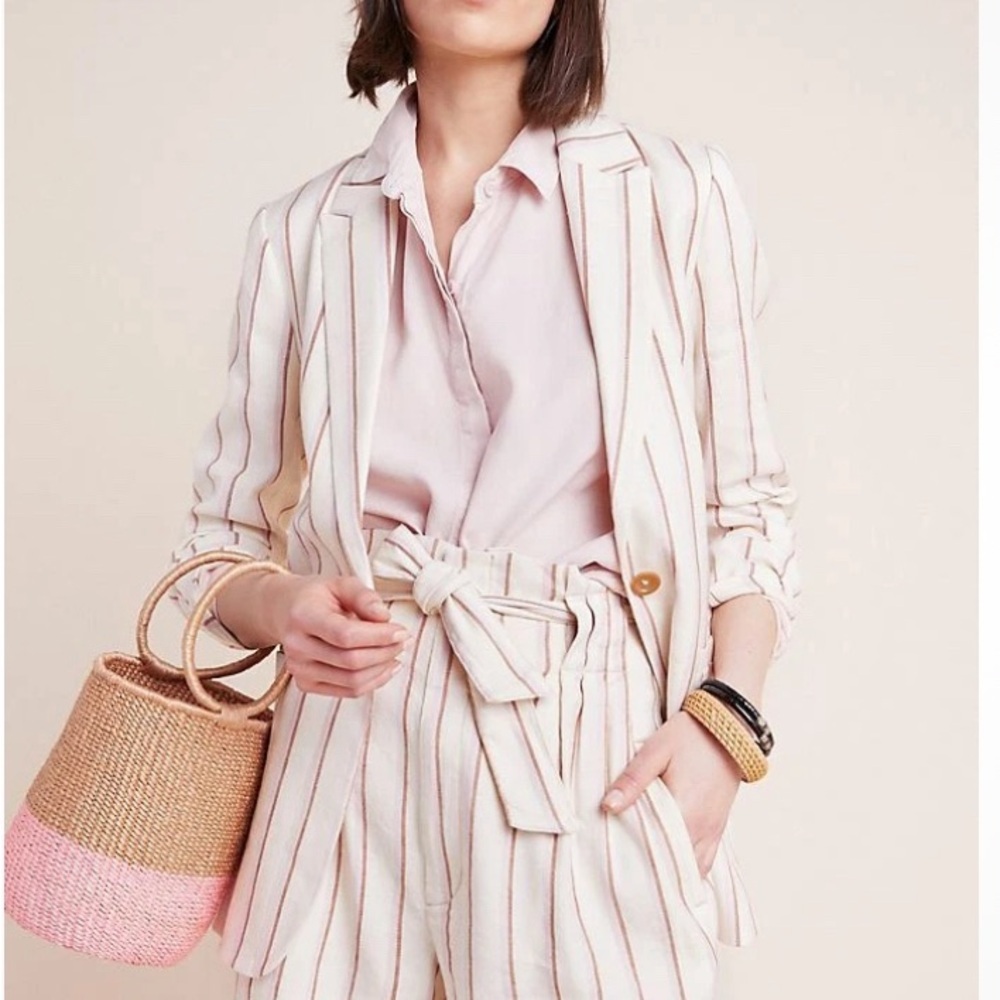 By Anthropologie Edisto Linen blend Blazer oversized Stripe Jacket women size 4